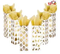 JOYIN 12 PCS Christmas Wine Bottle Bags Gold Foil with Tissue Paper and Name Tags 6 Print Designs for Winter Holiday Xmas Gift Party Favor Decoration, Liquor Lovers and Drinkers Gift Presents