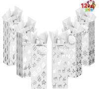 JOYIN 12 PCS Christmas Wine Bottle Gift Bags Silver Foil 6 Assorted Designs Xmas Wine Bags with Tissue Paper and Name Tags for Winter Holiday Anniversary Engagement Thanksgiving (4.75 x 4x 14)