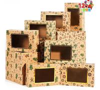 JOYIN 12 PCS Foiled Christmas Cookie Boxes with Window 8.75" x 5.75" x 2.75”, Treat Boxes with 3 designs for Doughnut and Cookie, Brown Kraft Bakery Boxes, Xmas Cookie Gift Baking Box for Pastries