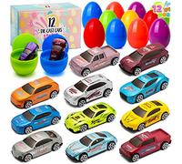 JOYIN 12 Pcs Prefilled Easter Eggs with Die-Cast Car Toys for Kids Boys Easter Egg Hunt, 3.2" (8cm) Plastic Easter Eggs Vehicles Gifts Game Easter Baskets Stuffer Party Bag Fillers Party Favors