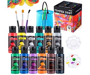JOYIN 12PC Washable Kids Tempera Paint Set (2 oz Each), Liquid Poster Paint with 6 Brushes, 2 Palette & 1 Clean Bucket, Non-Toxic for Finger Painting, Hobby Painters