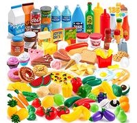JOYIN 135 Pieces Kids Play Food Set, Value Pretend Food for Play Kitchen with Fruit, Vegetable, Food Can, Dessert, Tableware, Bottles, Dramatic Plastic Food Toys for Toddler Boys Girls 3+ Years