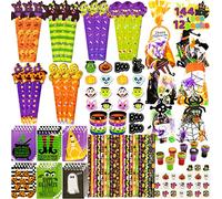 JOYIN 144 pc Halloween Party Favors Set, 12 Pack Prefilled Goody Bags & Stationery Set with Halloween Themed Pencils, Rulers, Erasers, Notepads, Foam Stickers