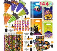 JOYIN 144 Pieces 24 Pack Assorted Halloween Themed Stationery Kids Gift Set Trick Treat Price Party Favor Toy Including Halloween Pencils, Rulers, Stickers, Stamps and Erasers in Trick or Treat Bags