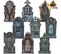JOYIN 16.3" Halloween Plastic Graveyard Tombstones Decoration, 9 Pcs RIP Headstones with 18 Metal Stakes for Halloween Prop Cemetery Outdoor Yard, Garden, Lawn Decorations Outside, Party Decor
