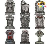 JOYIN 16" Halloween Graveyard Tombstones, 9 Pcs Plastic RIP Headstones with 18 Metal Stakes for Halloween Outdoor Indoor Decorations, Prop Cemetery Yard Lawn Decorations, Party Decor Supplies