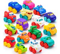 JOYIN 16 Pcs Cartoon Cars, Soft Rubber Toy Car Set, Mini Toy Vehicles, Bath Toy Car for Toddlers, Gift for Boys and Girls Birthday, Summer Beach and Pool Activity, Party Favors for Kids