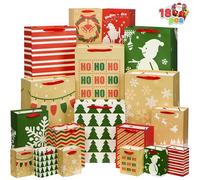 JOYIN 18 PCS Christmas Premium Gift Bags Assorted Sizes Creamy Kraft Style Prints (Small 5.5” Medium 9” Large 13”) for Xmas Party Favors Decoration, Holiday Present Wrap Décor