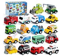 JOYIN 18 Piece Pull Back City Cars and Trucks Toy Vehicles Set Model Car, Friction Powered Die-Cast Cars for Toddlers, Boys, and Girls’ Educational Play