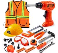 JOYIN 19Pcs Kids Tool Set, Pretend Play Toddler Tool Toys with Construction Worker Hat Costume & Electronic Toy Drill for Boy Girl Halloween Christmas Birthday Dress Up Party