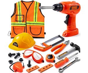 JOYIN 19Pcs Kids Tool Set, Pretend Play Toddler Tool Toys with Construction Worker Hat Costume & Electronic Toy Drill for Boy Girl Halloween Christmas Birthday Dress Up Party