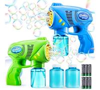 JOYIN 2 Bubble Guns with 2 Bottles Bubble Refill Solution (260ml Total), Bubble Machine for Toddlers 3+, Bubble Blaster Party Favors, Summer Toy, Outdoors Activity, Easter, Birthday Gift(Blue+Green)