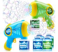 JOYIN 2 Kids Bubble Guns with 4 Bottles Solution, Automatic Bubble Machine Gun with 8 Holes for Kids, Adults, Summer Toys, Easter Basket Stuffers, Birthday Gift, Party Favors,Green, Blue Yellow.