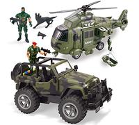JOYIN 2 Pack Friction Powered Realistic Military Vehicle Car Set Including Convertible Military Truck, Helicopter, Army Men Action Figures and Accessories, Lights and Sounds Sirens