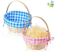 JOYIN 2 Pcs Easter Bamboo Basket with Pink & Blue Gingham Liner, Handle Round Bamboo Woven Goodie Basket, Empty Gift Basket for Girls Boys Easter Egg Hunt, Kids Easter Party Treats Picnic & Favors