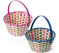 JOYIN 2 Pcs Easter Bamboo Plaid Basket, Blue & Pink Round Woven Goodie Empty Gift Basket with Folding Handle for Easter Egg Hunt, Kids Party Treats Picnic & Favors