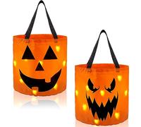 JOYIN 2 PCS Halloween Trick or Treat Bags 10 x 11.8 inches LED Light Orange Pumpkin Buckets Reusable Goody Candy Bucket for Kids Trick or Treating, Halloween Birthday Party Favor Supplies