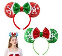 JOYIN 2 Pcs LED Christmas Mouse Ears Headbands, Lightup Red & Green Xmas Themed Ears Headwear with Glitters, Christmas Hair Accessories for Adult Women Girl Kids Party Favor Cosplay Supplies