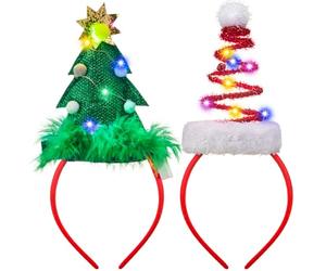 JOYIN 2 Pcs Lighted Christmas Headbands with LED lights in Springy Santa Hat & Christmas Tree Designs for Holiday Parties (ONE SIZE FIT ALL)