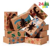 JOYIN 24 Christmas Bakery Treat Boxes for Doughnut and Cookie, Brown Kraft Cookie Boxes for Holiday Pastries, Cupcakes, Brownies, Gift Giving, 22cm x 14cm x 7cm