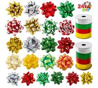 JOYIN 24 PCS Christmas Bows and Gift Ribbons with 48 Multi-Colored Assorted Size Self Adhesive Gift Bows and 8 Rolls of Curling Ribbons for Gift, Present Wrapping Decoration