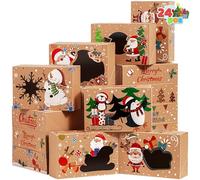 JOYIN 24 Pcs Christmas Cookie Boxes, Kraft Cookie Boxes with Window 8.5" x 5.75" x 2.75", 6 Designs Bulk Holiday Cookie Boxes for Christmas Holiday Pastries, Cupcakes, Brownies, Xmas Gift Giving