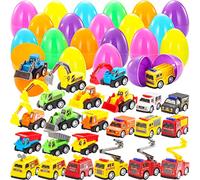 JOYIN 24 Pcs Filled Easter Eggs with Mini Pull Back Construction Cars for Kids Boys, Plastic Easter Eggs Engineering Car Toys for Easter Egg Hunt Easter Party Favor Easter Gift for Kids