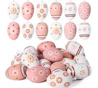 JOYIN 24 Pcs Plastic Easter Hanging Eggs with Ribbon, 2.36'' Easter Wooden Printed Brown & White Eggs for Easter Decorations Home, Spring Decorations, Easter Tree Basket Ornaments