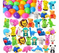 JOYIN 24 Pcs Prefilled Easter Eggs with 48 Animal Puzzle Erasers, Animal Eraser Bulk Toys for Kids Boys Girls Gifts Easter Basket Stuffer, Easter Eggs Hunt, Easter Party Favors