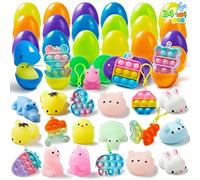 JOYIN 24 PCS Prefilled Easter Eggs with Assorted Toys，Filled with Mochi squeeze toys and Pop Bubble Fidget Keychains,Stress Reliever Toys for Easter Basket Stuffers, Party Favors, Easter Egg Hunt