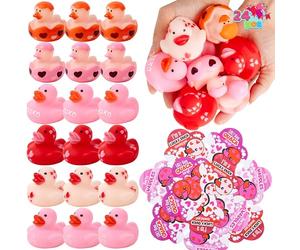 JOYIN 24 Pcs Valentine’s Day Gift Cards with Rubber Duck for Kids,Mini Rubber Duck Bath Toys for Classroom Exchange Prizes, Valentine Party Favors Toys