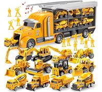 JOYIN 25 in 1 Construction Truck Vehicle Toy Set (Including Transporter Excavator Digger Dumper Tractor) with Sounds and Lights in Carrier Truck, Kids Birthday Gifts for Boys Age 3+