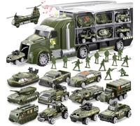 JOYIN 25 in 1 Military Truck Army Vehicle Toy Set with toy soldiers, Mini Combat Vehicle Toy in Carrier Truck with Lights and Sounds, Kids Birthday Gifts for Boys Age 3+ (Green)