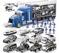 JOYIN 25 in 1 Police Rescue Truck Car Toy Set with Sounds and Lights, Mini Police Vehicles in Carrier Truck, Play Police Patrol Rescue Vehicle Toy, Birthday Gifts for Over 3 Years Old Boys