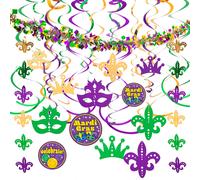 JOYIN 25 PCS Assorted Mardi Gras-Themed Set with 24 Hanging Swirls and 1 Strings with Garland Party Decorations Supplies