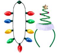 JOYIN 2PCS Christmas LED Necklace and Red Tree Headband, Light Up Holiday Necklace With 9 Bulbs, Headwear for Holiday Parties Xmas Costume Party Favors