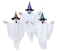 JOYIN 3 Pack 24.8" Hanging Ghost Decorations, Halloween White Ghost with Hats for Haunted House Graveyard Scene, Spooky Indoor and Outdoor Decor