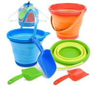 JOYIN 3 Packs Foldable Pail Bucket with Shovels & Mesh Bag, Collapsible Buckets Multi Purpose for Beach, Camping Gear, Beach Party, Fishing, and Fun Summer Activities (Orange/Blue/Green)