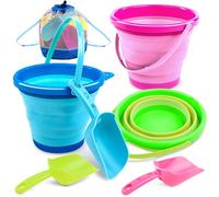 JOYIN 3 Packs Foldable Pail Bucket with Shovels & Mesh Bag, Collapsible Buckets Multi Purpose for Beach, Camping Gear, Beach Party, Fishing, and Fun Summer Activities (Blue/Pink/Green)