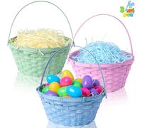 JOYIN 3 Pcs Easter Bamboo Baskets, Round Woven Goodie Basket with Handle, Empty Candy Toys Gift Basket for Easter Egg Hunt, Kids Party Treats Picnic Favors Decorations,10.25"X11"(Blue, Pink, Green)
