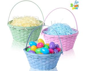 JOYIN 3 Pcs Easter Bamboo Baskets, Round Woven Goodie Basket with Handle, Empty Candy Toys Gift Basket for Easter Egg Hunt, Kids Party Treats Picnic Favors Decorations,10.25"X11"(Blue, Pink, Green)