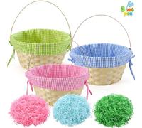 JOYIN 3 Pcs Easter Baskets with Plaid Lining with Handle and 3 Colors Easter Grass Paper Shreds for Easter Egg Hunt, Kids Easter Party Treats, Filling with Party Favors (Blue, Pink, Green)