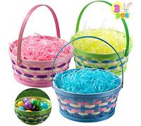 JOYIN 3 Pcs Easter Woven Bamboo Wicker Basket with Tricolor Grass Paper Shred, Wicker Easter Eggs Basket with Handle for Kids Easter Egg Hunt Picnic Party Favors Decorations