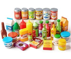 JOYIN 30Pcs Play Food Bottle Set, Plastic Play Food Grocery Cans Including Drink, Juice, Jar, Seasoning, Water Bottle, Sauce, Yogurt, Ice Cream, Snack Box, Gifts Toys for 3 4 5+ Years Olds Girls Boys