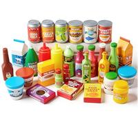 JOYIN 30Pcs Play Food Grocery Cans, Imaginative Play Kitchen Accessories, Includes Drink, Juice, Jar, Seasoning, Water Bottle, Sauce, Yogurt, Ice Cream, Snack Box, Kids Gifts for Ages 2-5