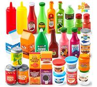 JOYIN 30Pcs Play Food Grocery Cans, Pretend Play Kitchen Accessories, Includes Drink, Juice, Jar, Seasoning, Water Bottle, Sauce, Yogurt, Ice Cream, Snack Box, Kids Gifts & Indoor Toys
