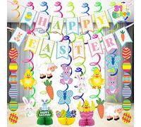JOYIN 31Pcs Easter Hanging Swirl Decorations, Happy Easter Ceiling Hanging Decorations Bunny Foil Streamers Honeycomb Eggs for Easter Party Favors