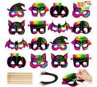 JOYIN 32 Pcs Scratch Masks Set With 8 Designs for Arts and Crafts, Activity Book, Trick-or-Treat, Halloween Party Favors and Event Supplies