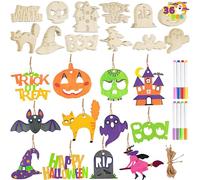 JOYIN 36 Pcs Halloween Craft Wooden Painting Kit, Halloween Party Supplies, Party Favors for Kids, Wood Blank Cutouts Ornaments, Gift Tags Decor for School Art DIY Activities Goodies Games