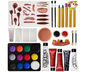JOYIN 36 Pcs Halloween Face Paint Kit Makeup Set for Body Painting Party Cosplay Special Effects, All-in-1 Face Paint Palette Crayons Brushes Tooth Wax